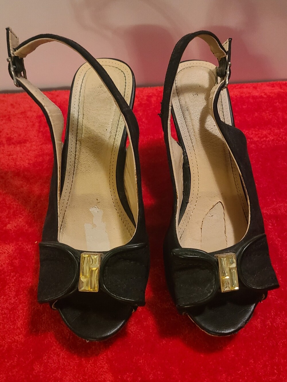Black Faux Suede Slingback Peep-Toe Wedges with crytals and bows, 6